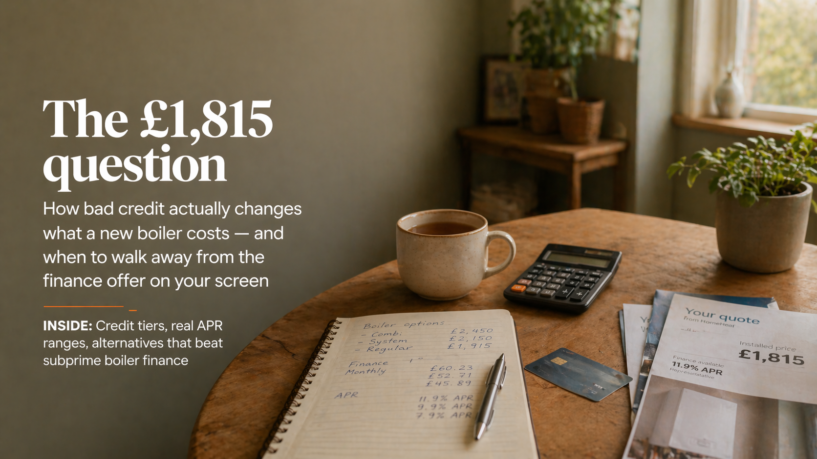 HomeBoiler editorial cover image — calm UK kitchen table with a cup of tea, calculator and notebook in warm morning light, overlaid with the headline "The £1,815 question".