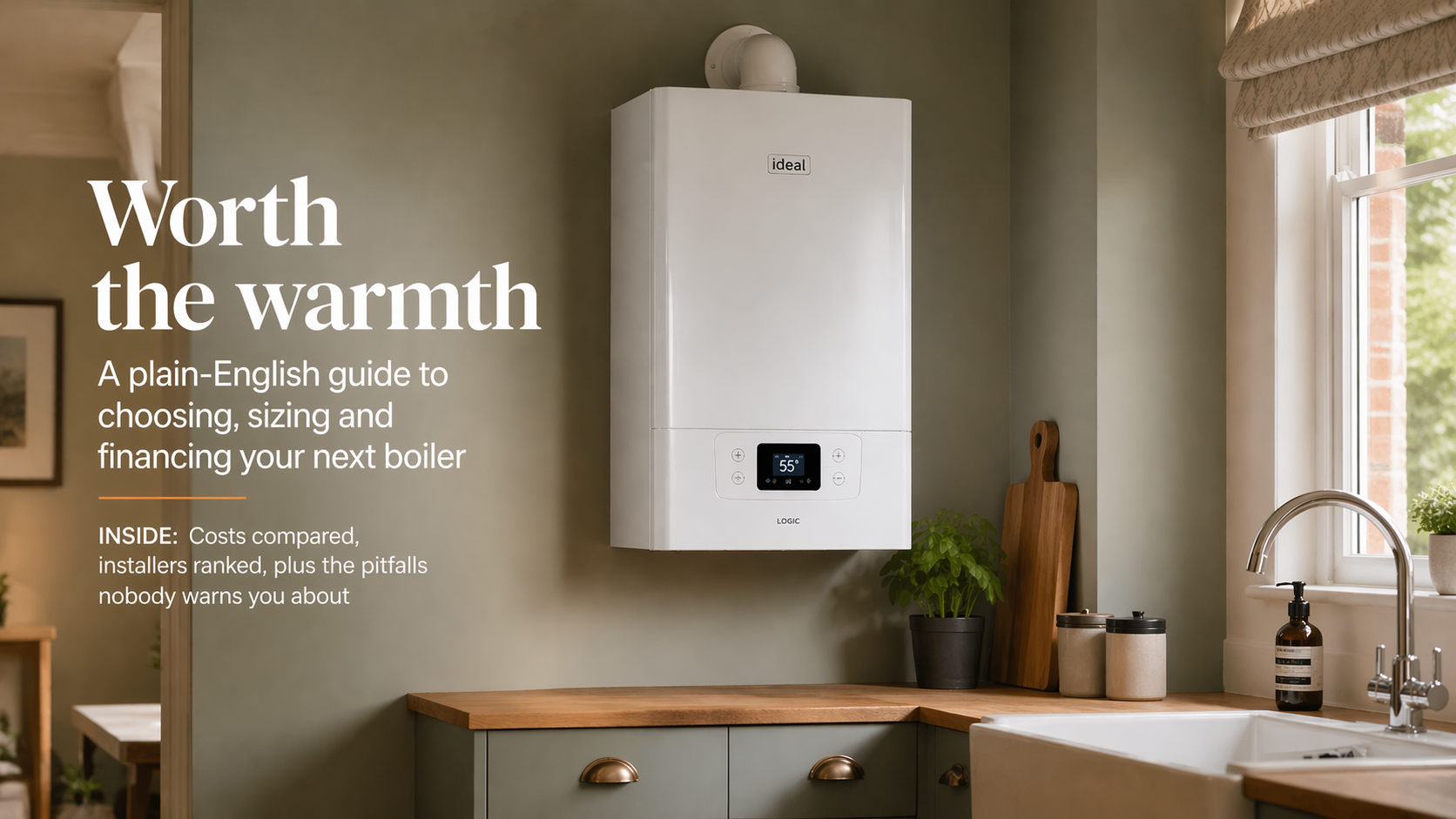 Modern white Ideal Logic combi boiler mounted on a sage green kitchen wall above a wooden worktop, displaying a 55-degree temperature reading, with a belfast sink and potted basil beside it in soft natural window light.