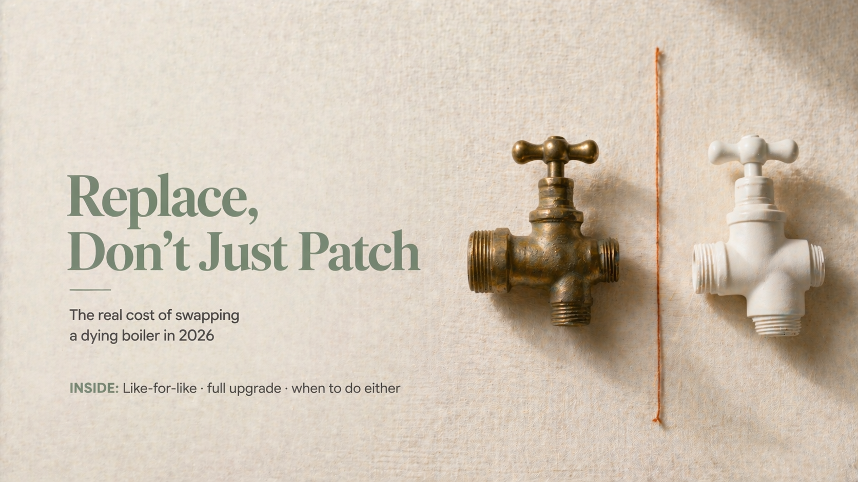 Old brass and new ceramic fittings on linen representing boiler replacement