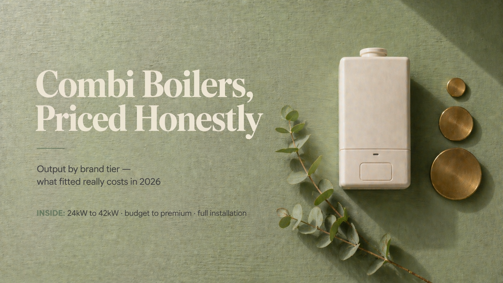 Minimalist cream vessel with brass tokens on sage green wood showing combi pricing tiers