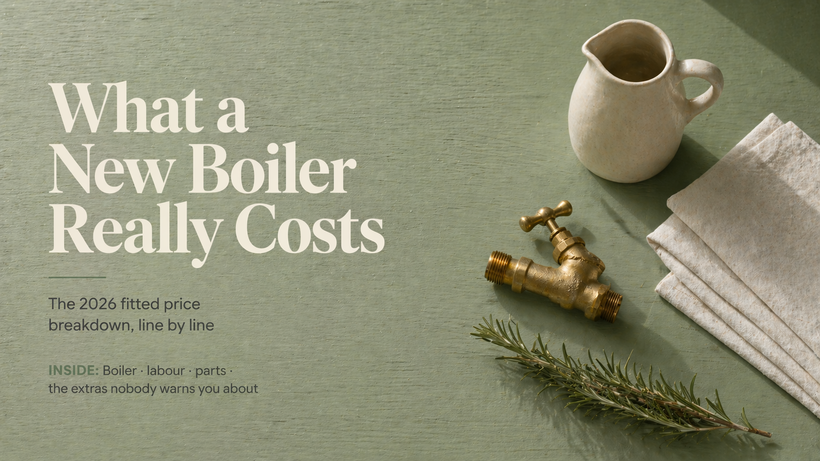 Cream jug and brass tap fitting on sage green painted wood showing boiler cost theme