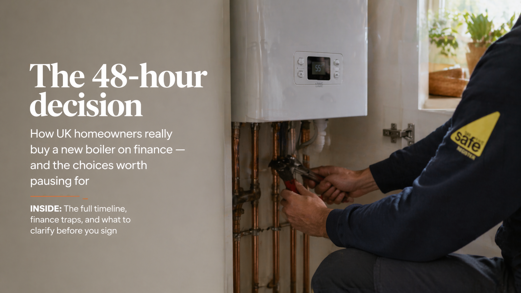 HomeBoiler editorial cover image — Gas Safe engineer installing a white combi boiler in a UK utility cupboard, with headline "The 48-hour decision" overlaid on soft natural light.