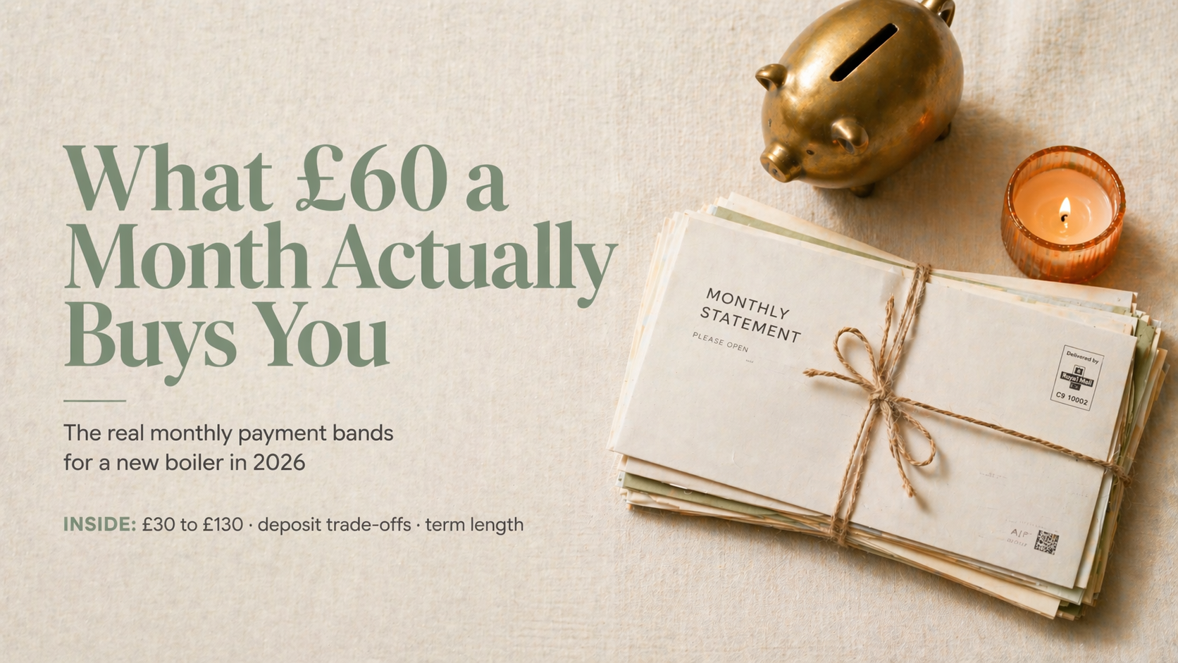 Stacked cream envelopes on linen representing monthly boiler payments