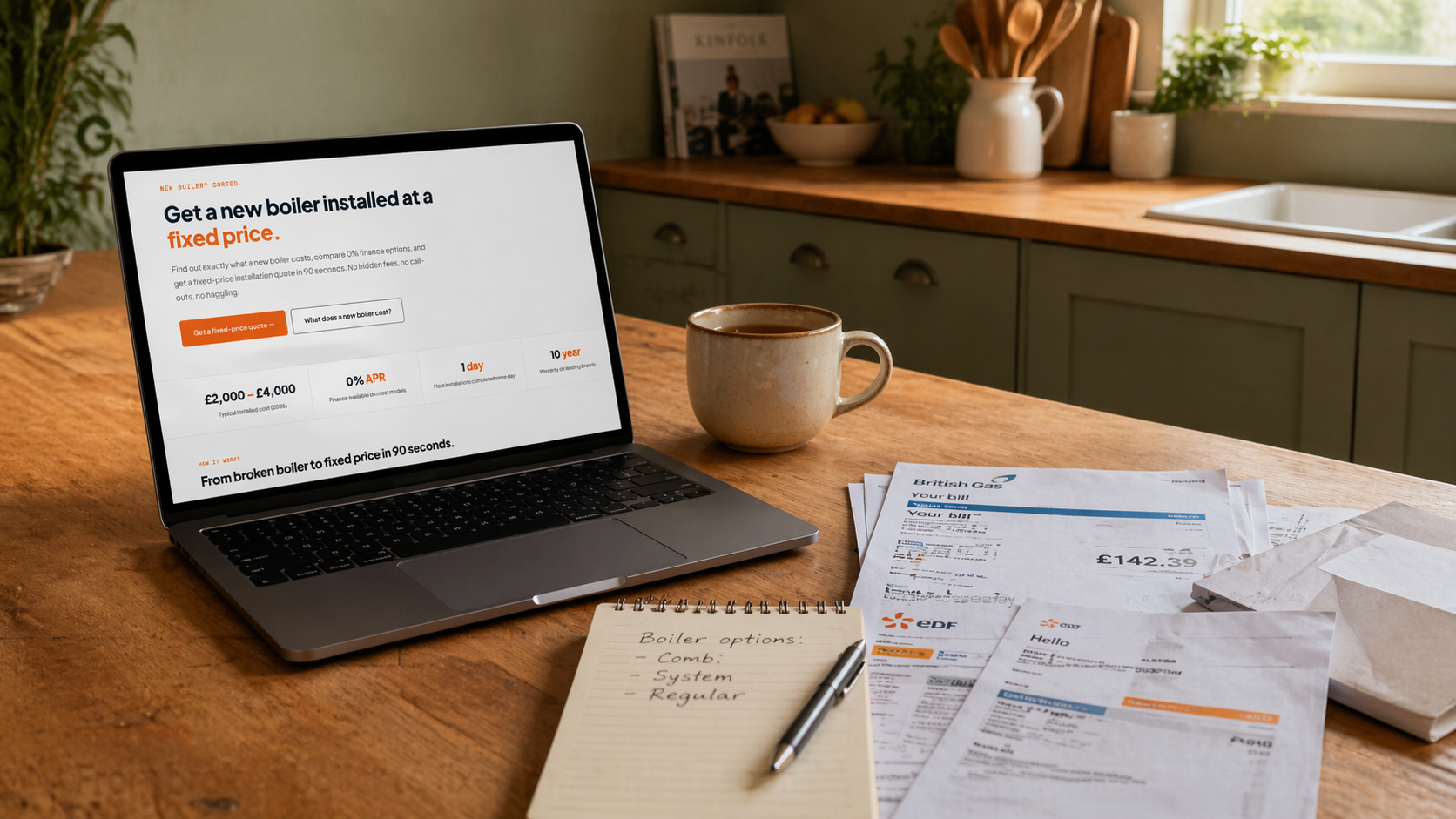 UK kitchen countertop with an open laptop, cup of tea and household paperwork in soft morning light — illustrating a homeowner researching boiler finance and grant options.