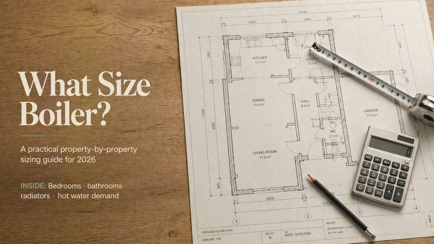 House blueprint with tape measure and calculator on oak workbench