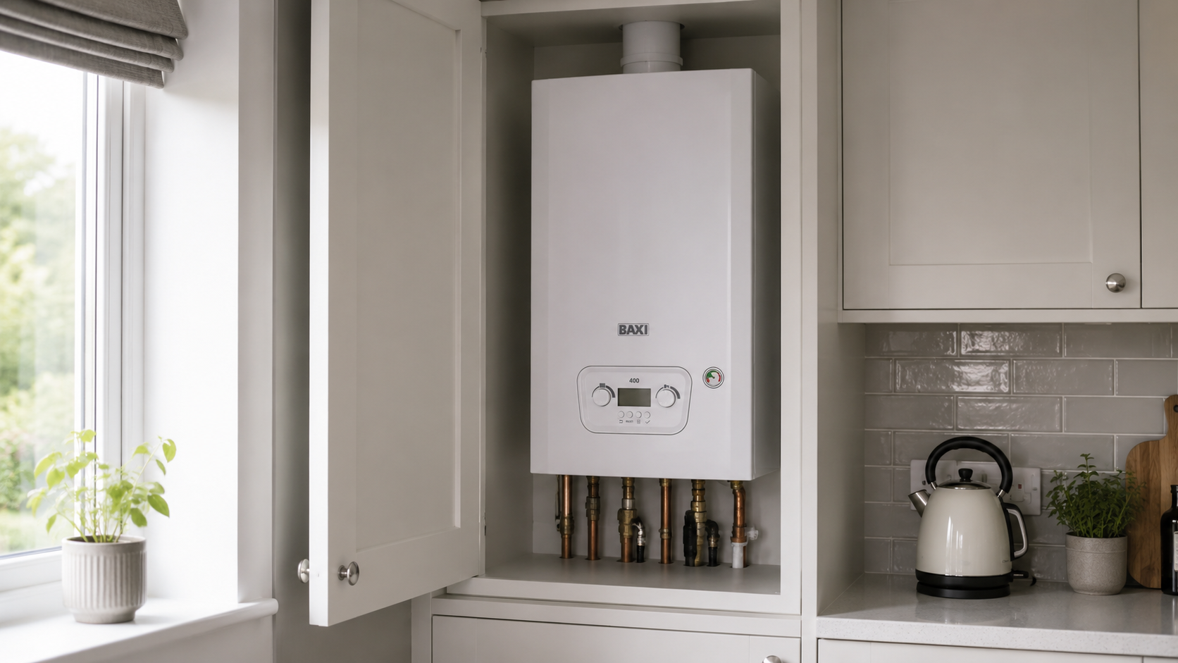 Baxi 400 Combi boiler installed in a UK kitchen cupboard