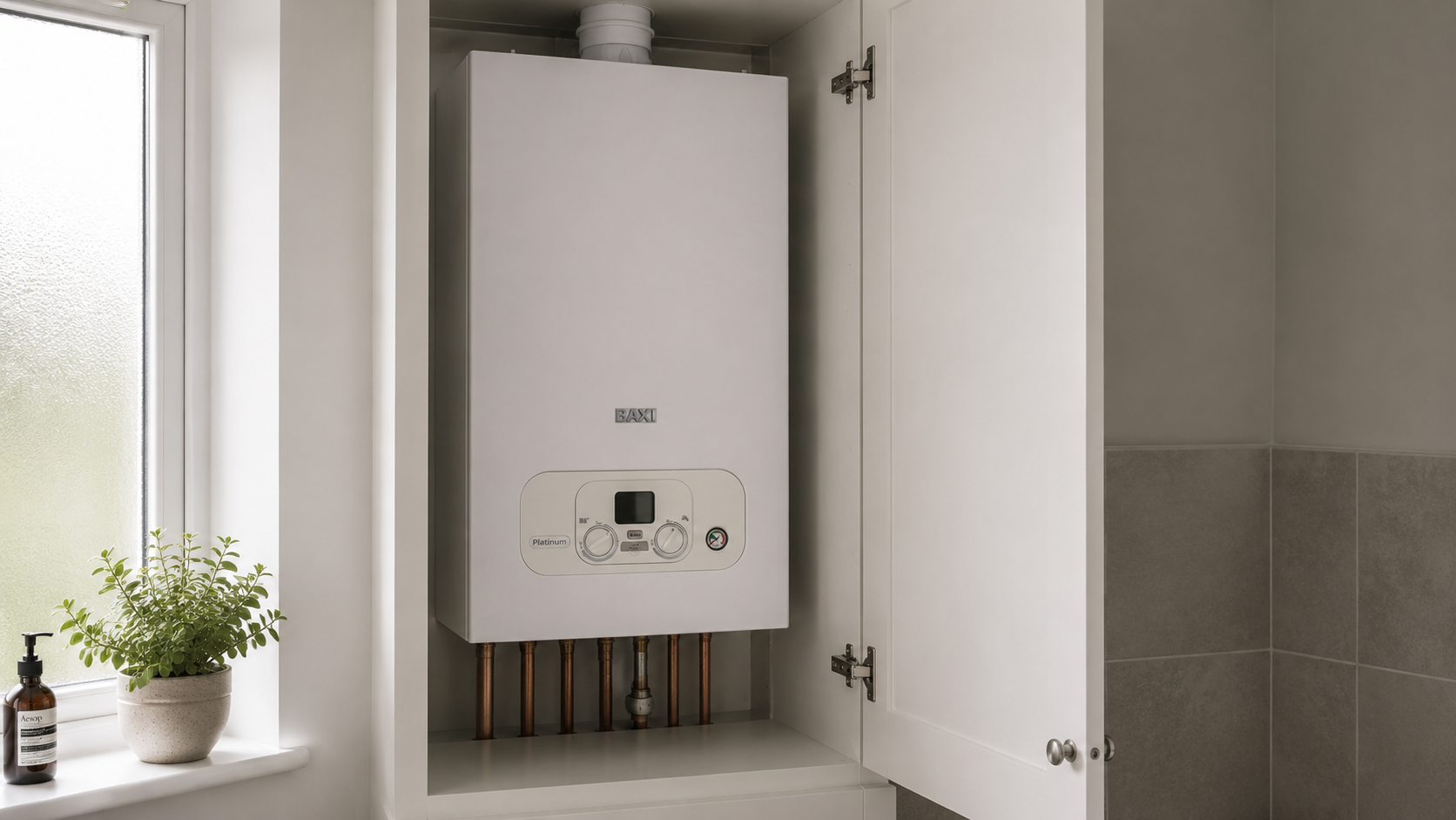 Baxi Platinum Compact Combi boiler installed inside a UK kitchen cupboard
