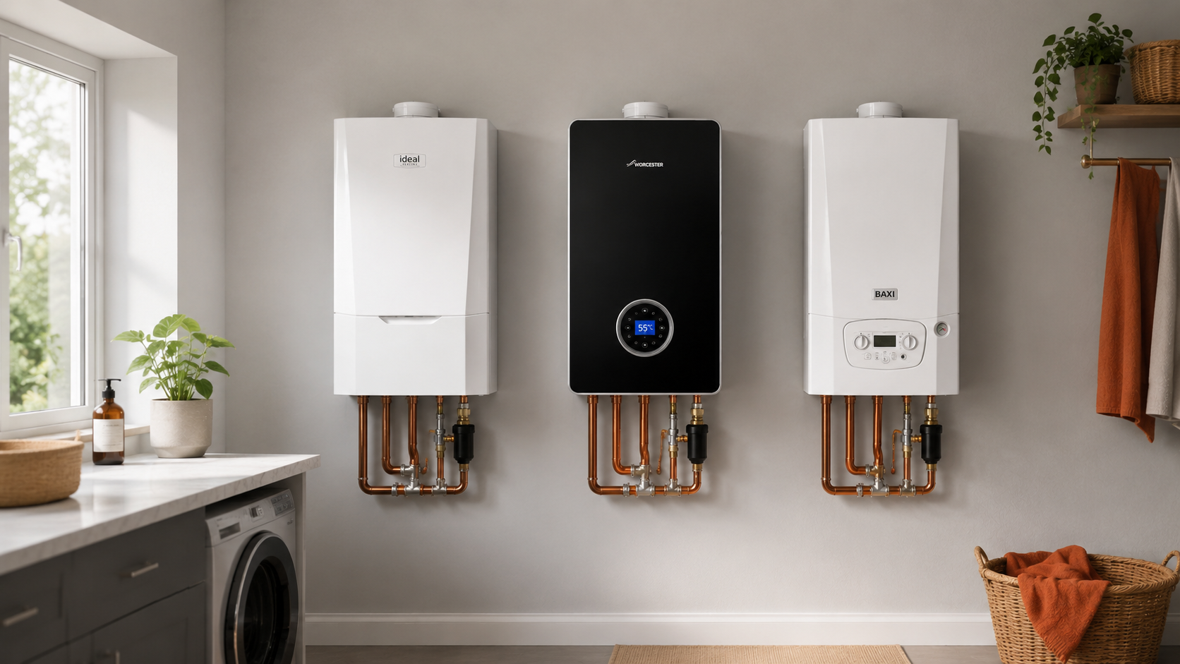 Three modern white combi boilers compared side by side in a UK utility room