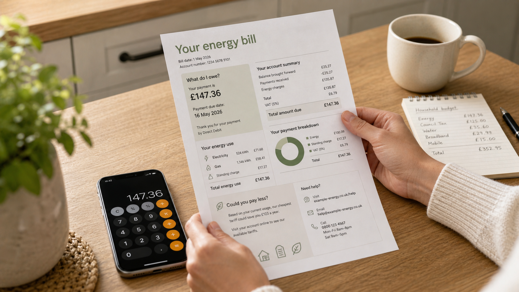 Hands reviewing a printed utility bill at a kitchen worktop with a coffee mug and smartphone calculator nearby, soft natural daylight.