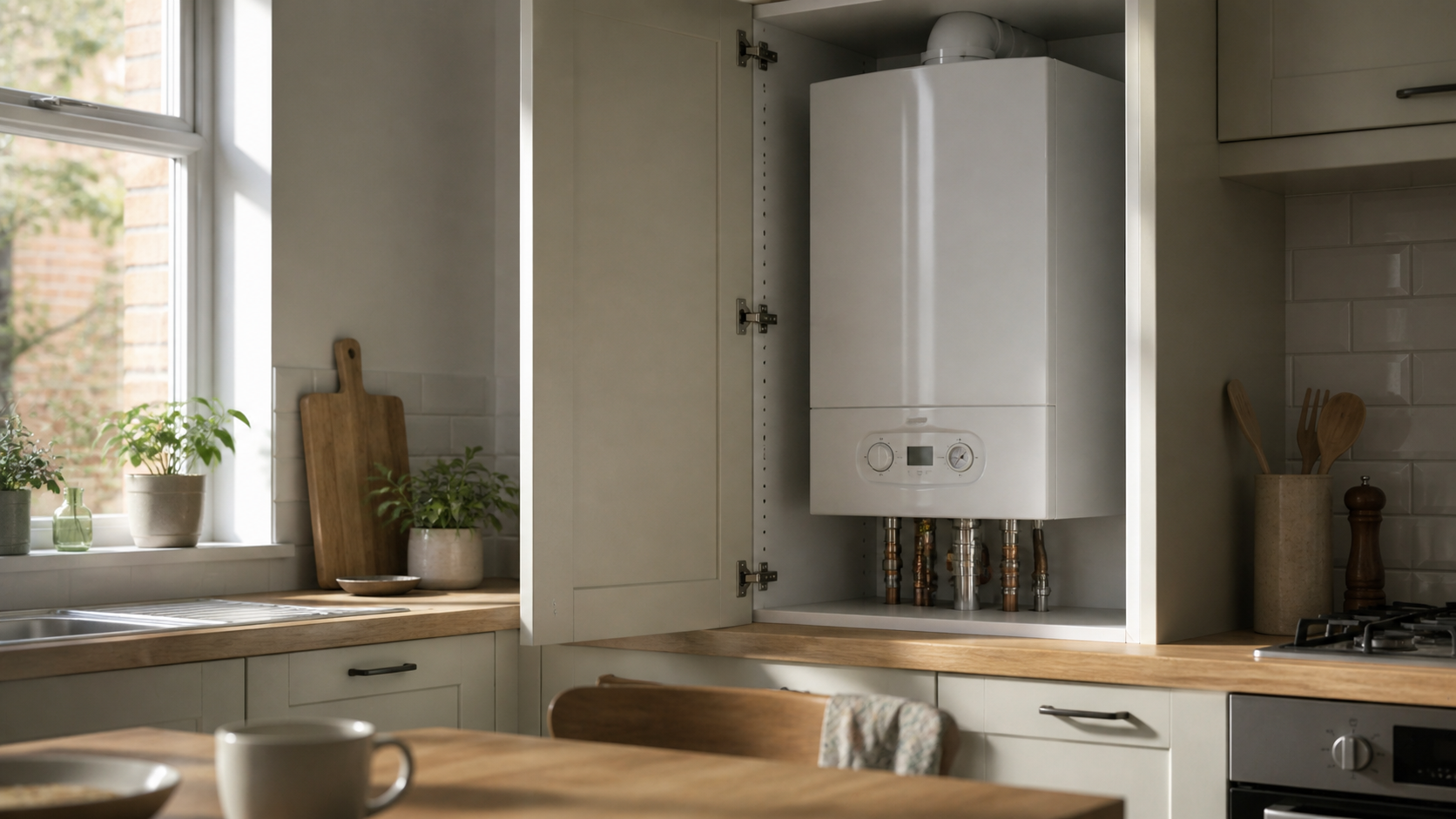 Modern white wall-mounted gas combi boiler installed inside a contemporary British kitchen cupboard, lit by warm natural daylight.