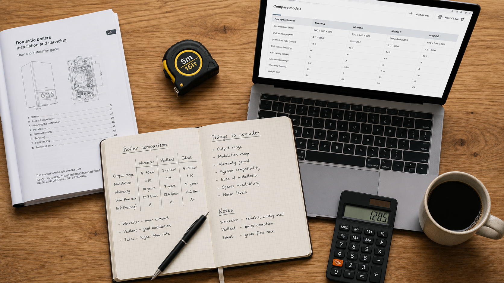 Editorial workspace showing notes and reference materials used for HomeBoiler's UK boiler review methodology