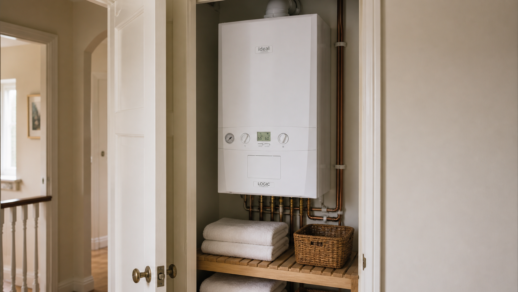 Ideal Logic Combi 30 boiler installed in a UK airing cupboard