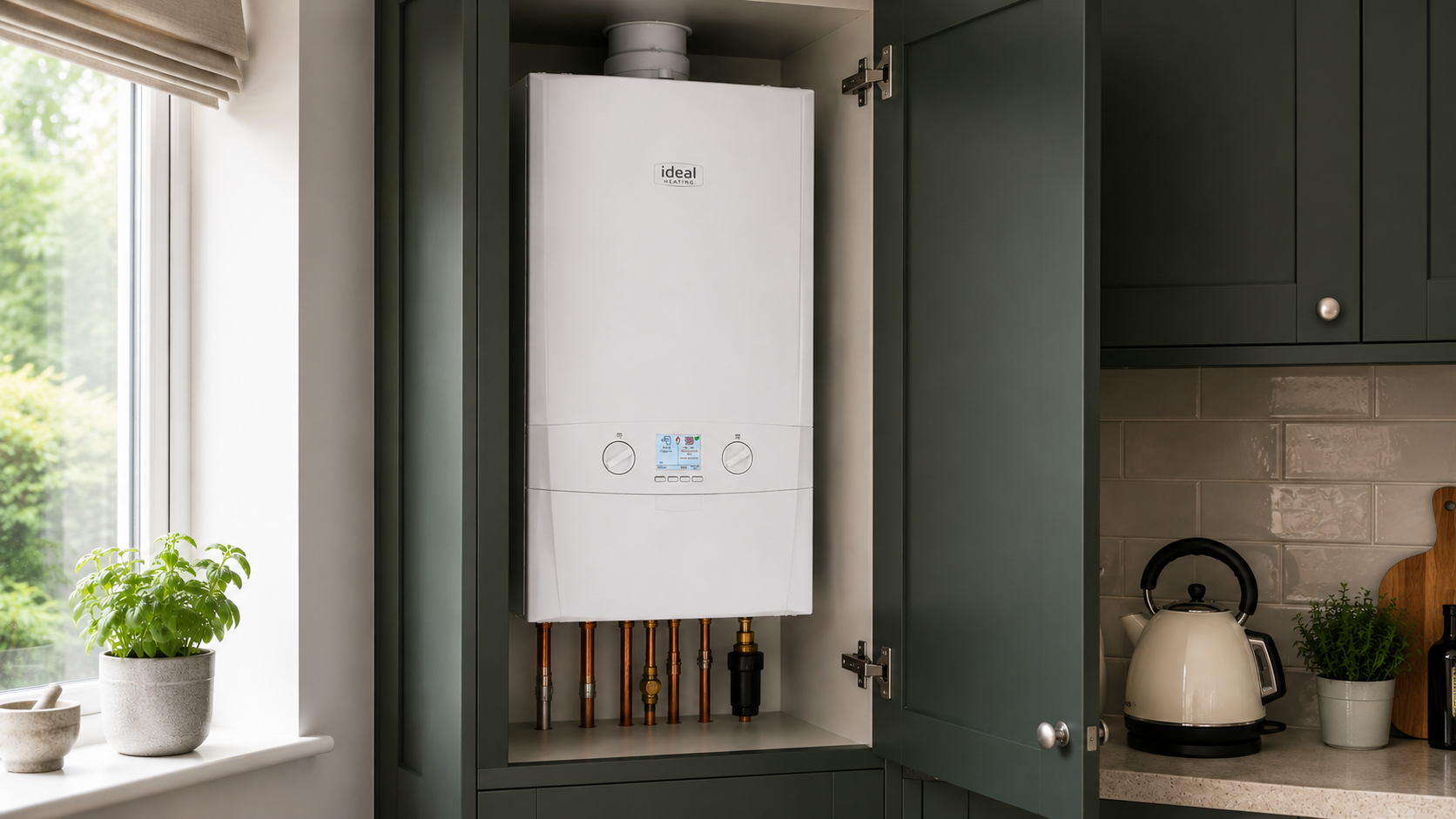 Ideal Logic Max combi boiler installed in a UK kitchen cupboard