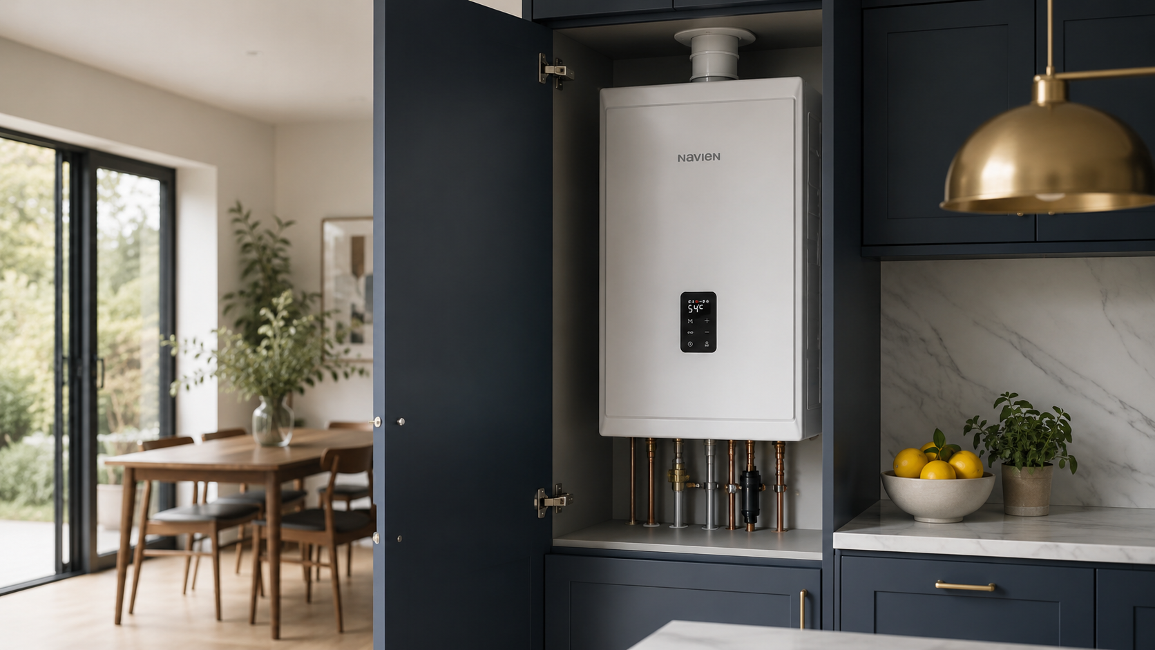 Navien NCB 300 combi boiler installed in a UK kitchen-diner