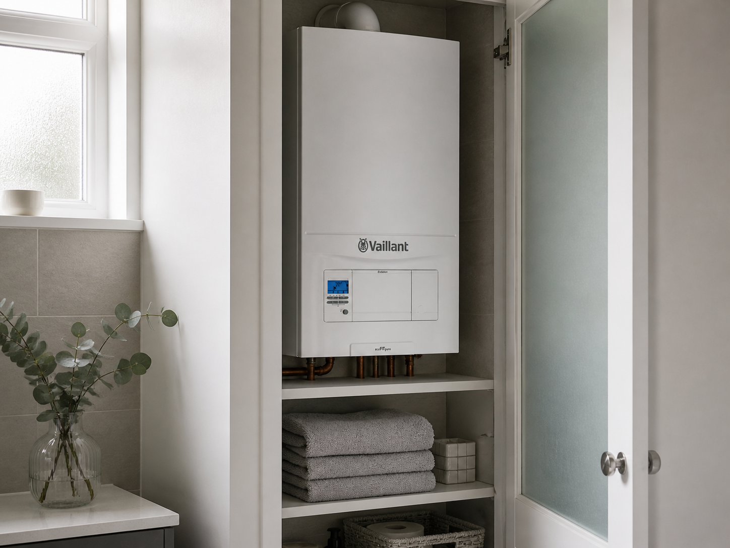 Vaillant ecoFIT Pure 830 combi boiler installed in a UK airing cupboard