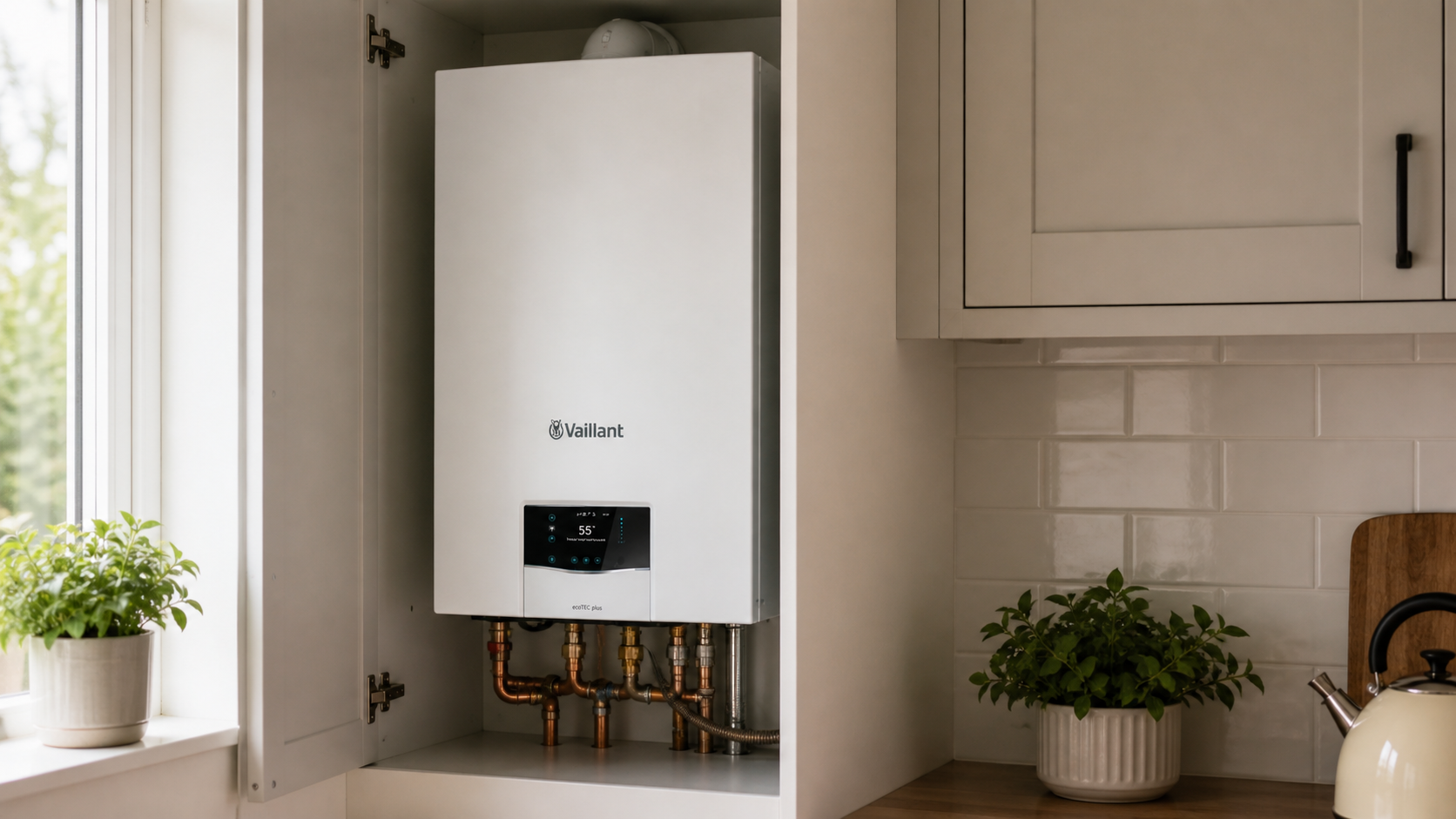 Vaillant ecoTEC Plus combi boiler installed in a UK kitchen