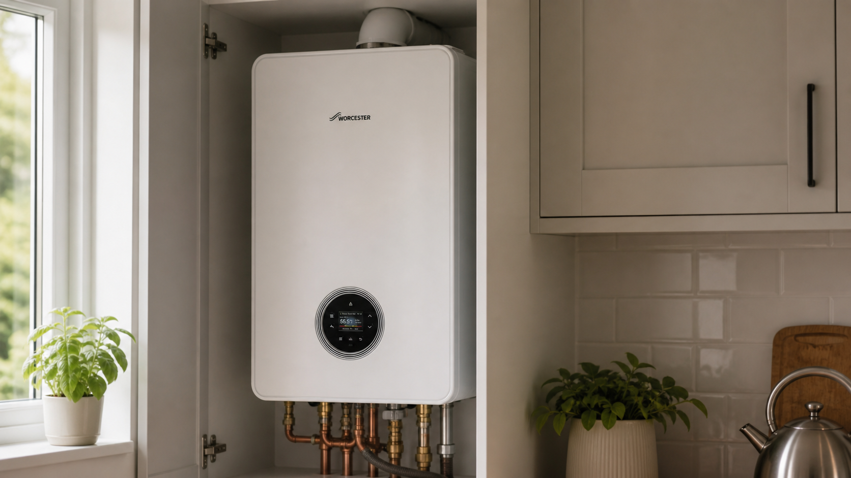 Worcester Bosch Greenstar 4000 combi boiler mounted in a UK kitchen