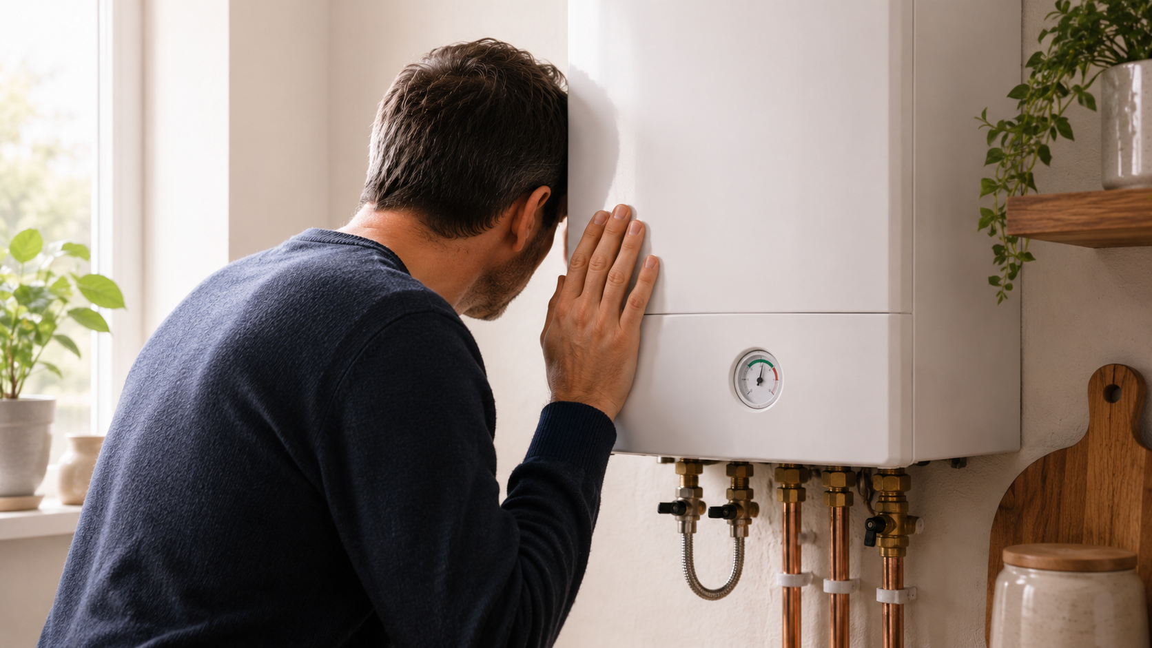 Homeowner listening to identify an unusual noise from a UK combi boiler