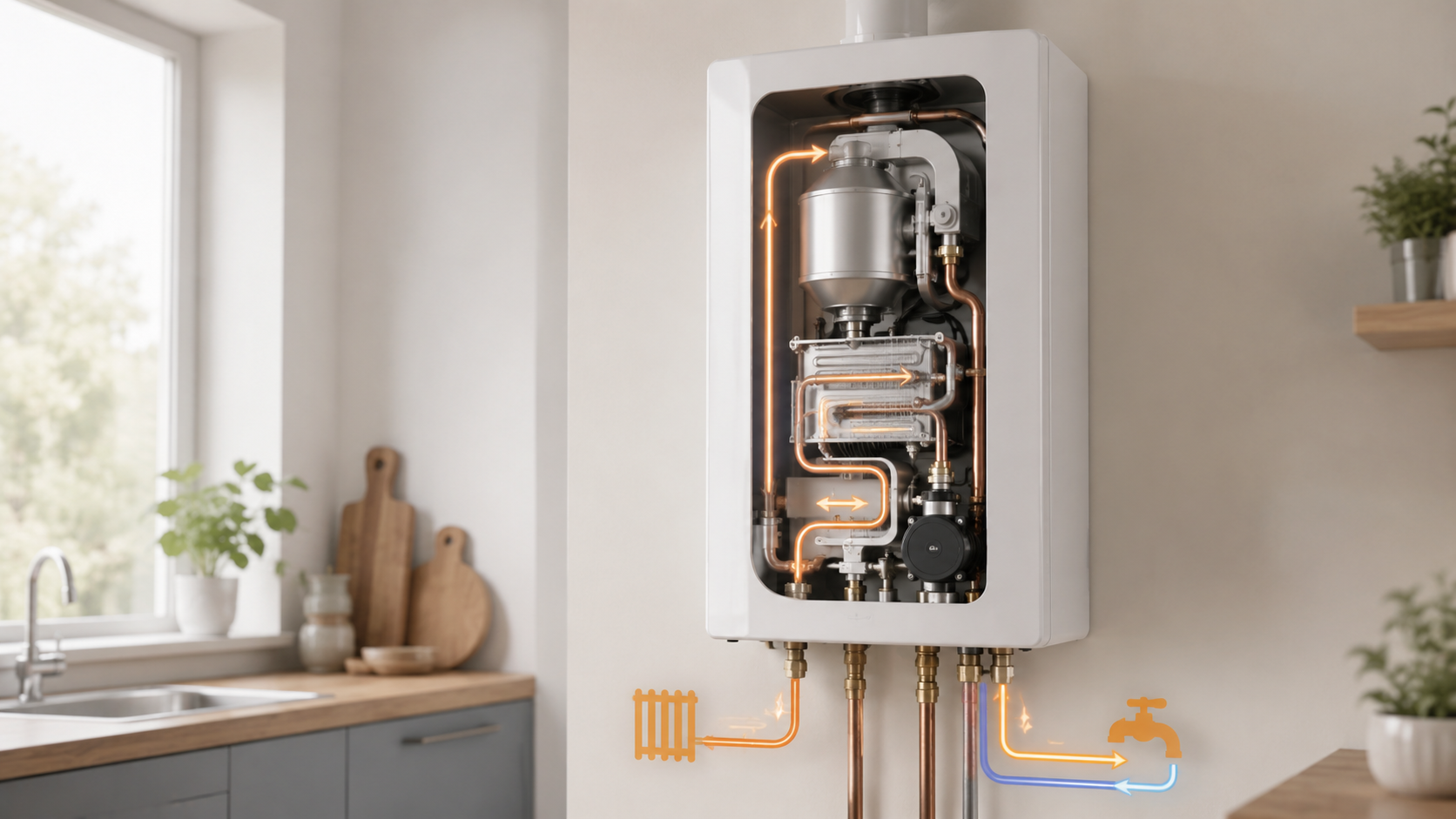 Modern UK combi boiler showing the dual heating and hot water function