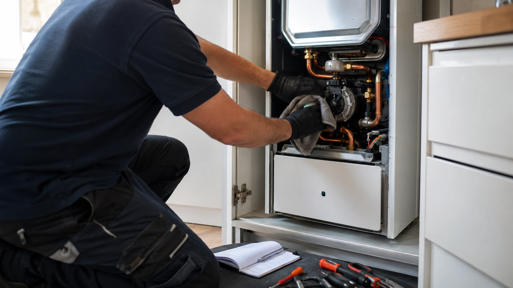 Gas Safe engineer carrying out an annual service on a domestic combi boiler
