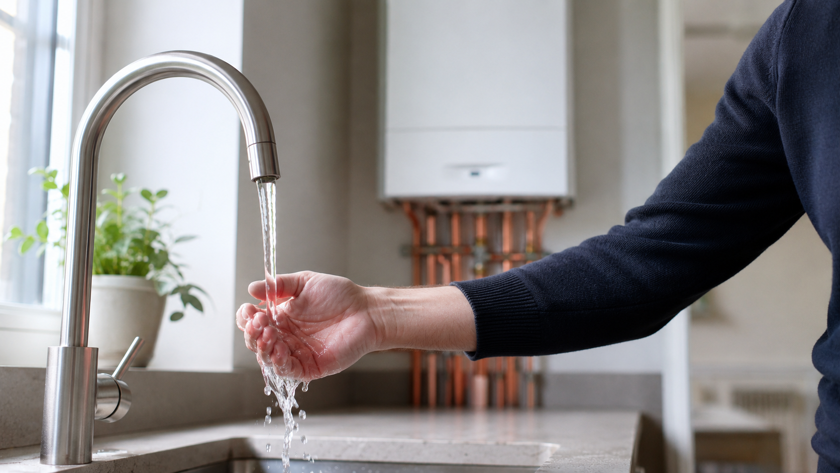 Checking the temperature of water from a tap with a combi boiler in the background