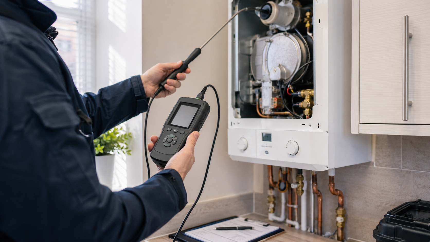 Gas Safe engineer using a flue gas analyser during an annual boiler service