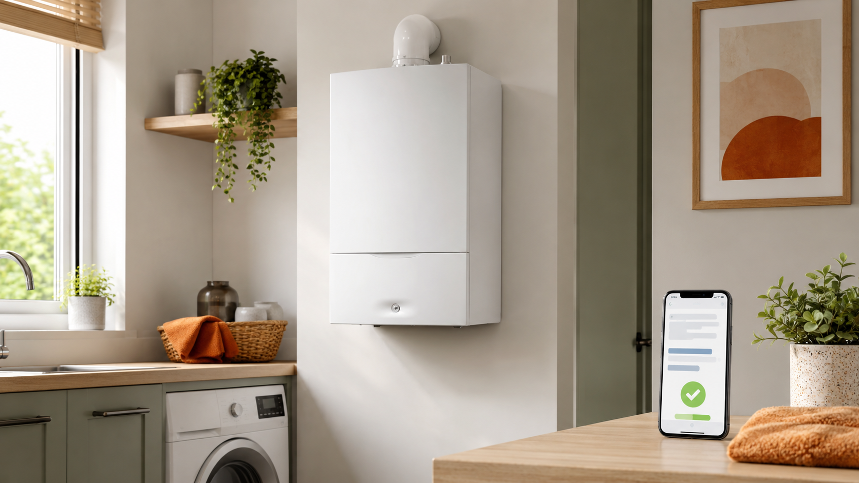 Heatable online boiler quote approved on a smartphone next to a fitted combi boiler