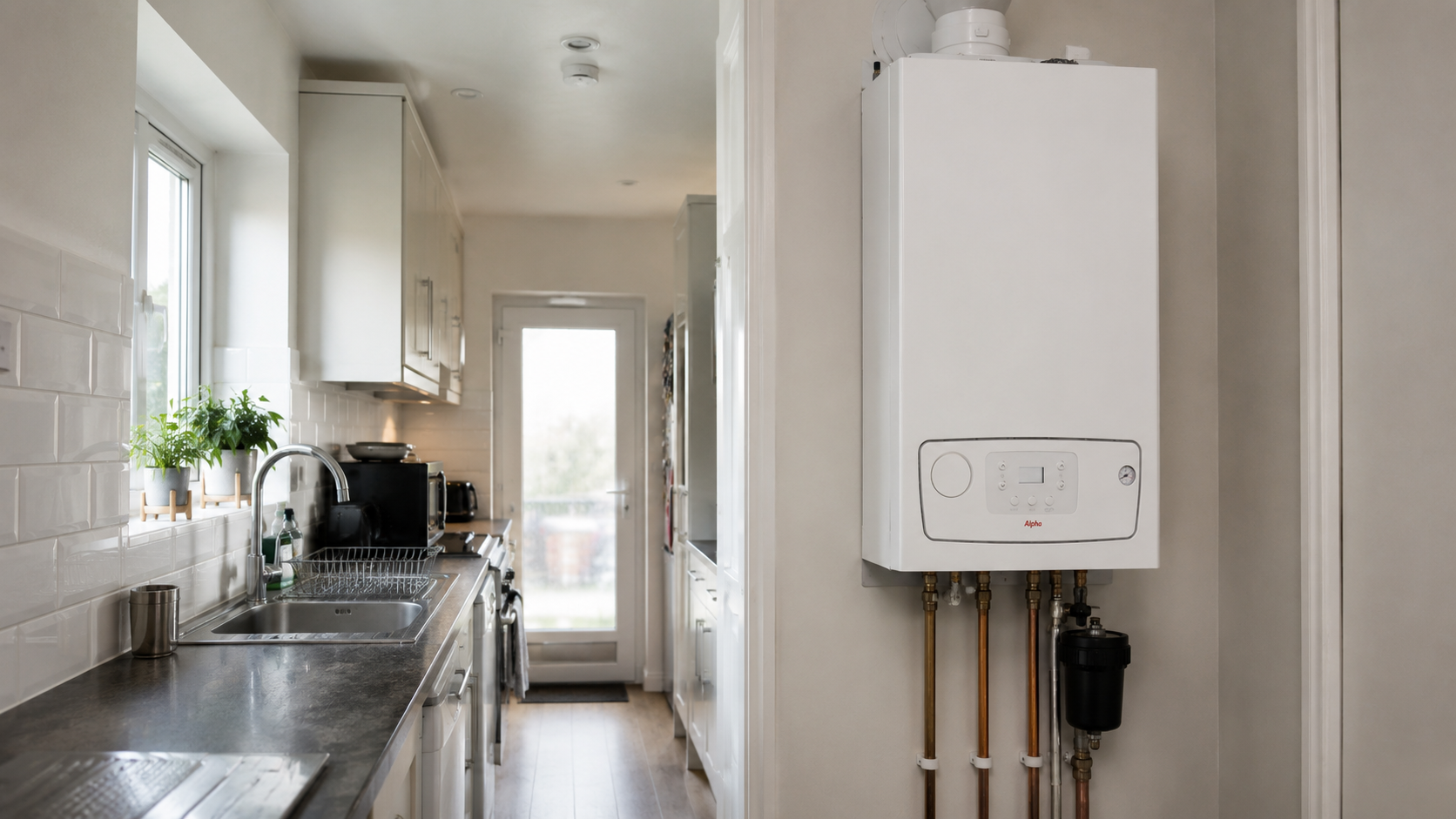 An Alpha boiler shown in a galley kitchen