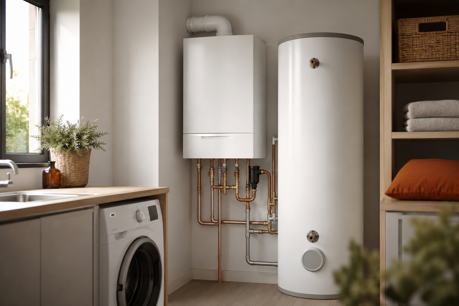 The best system boiler picks for UK homes: a wall-mounted boiler fitted beside a hot water cylinder in a clean utility room.