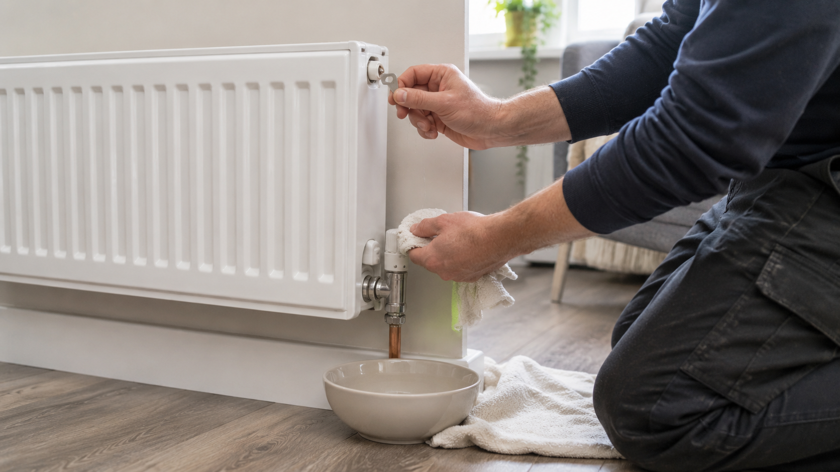 Person bleeding a radiator with a radiator key, cloth and bowl