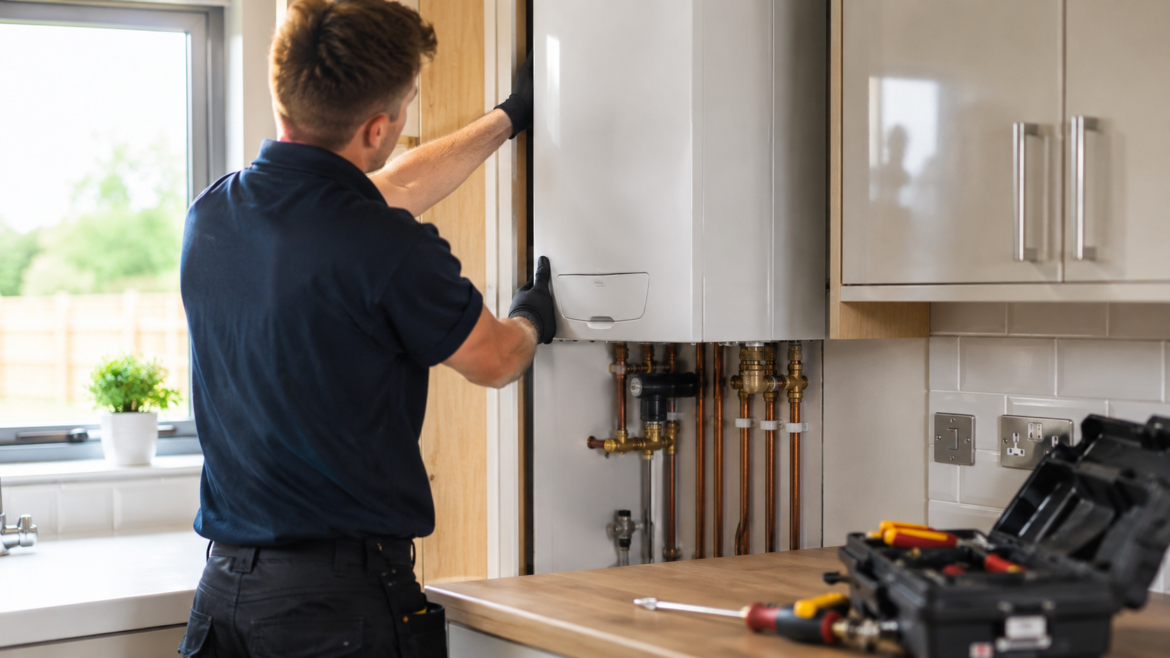 Engineer installing a new combi boiler
