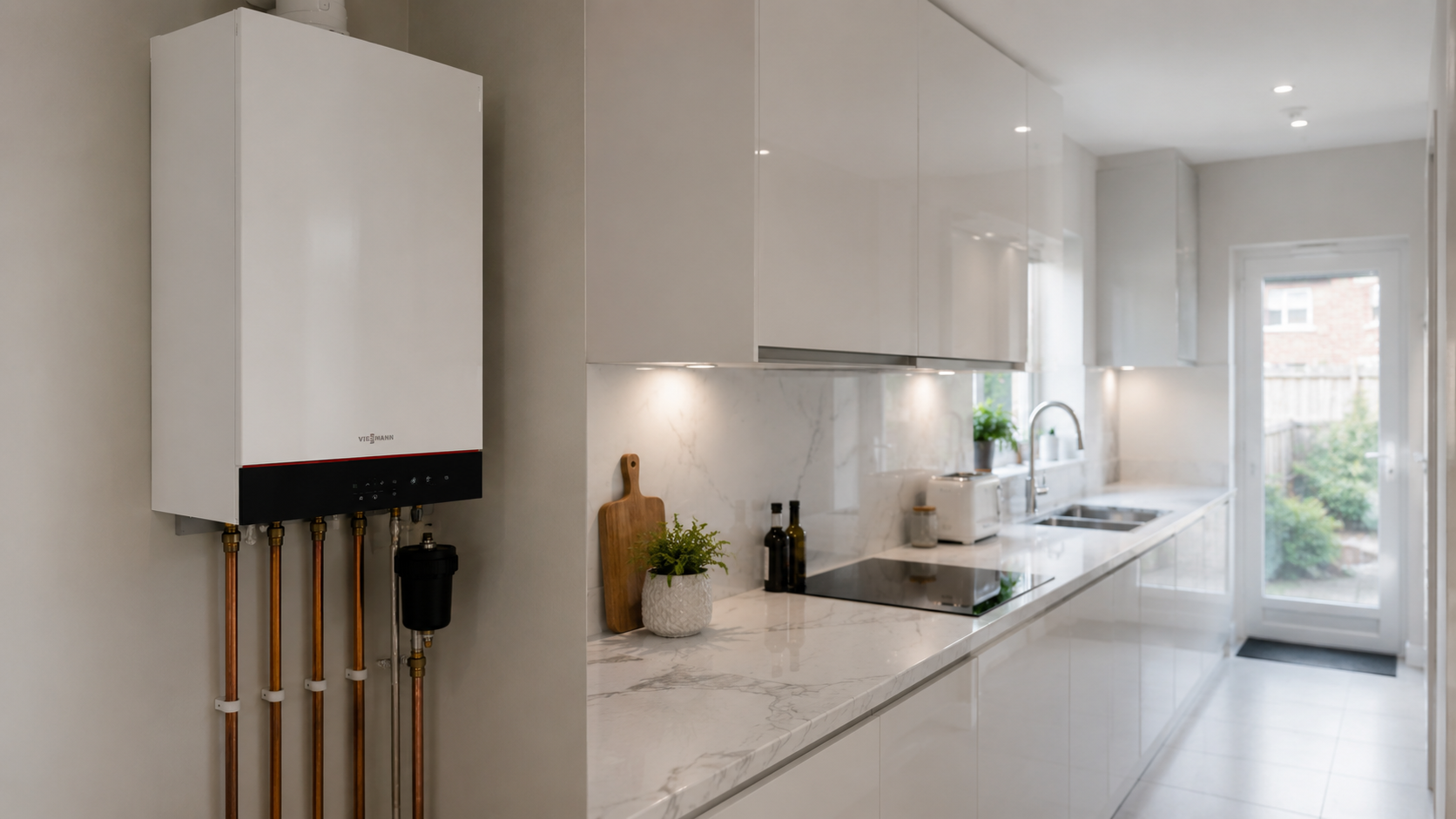 Viessmann Vitodens 050-W combi boiler wall-mounted in a UK kitchen cupboard