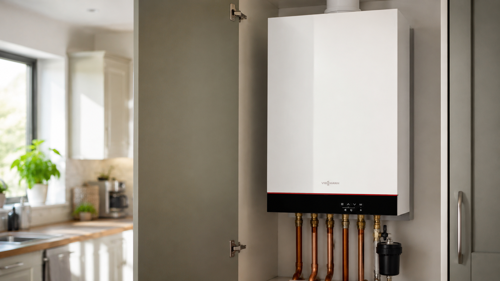 Viessmann Vitodens 100-W combi boiler wall-mounted in a UK kitchen cupboard