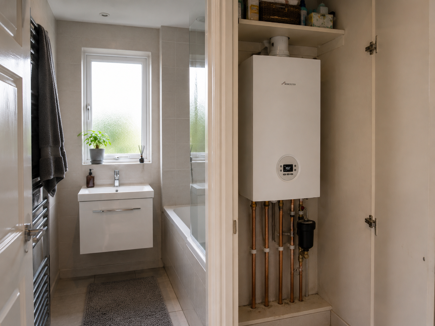 Worcester Greenstar 1000 combi boiler wall-mounted in a UK bathroom cupboard