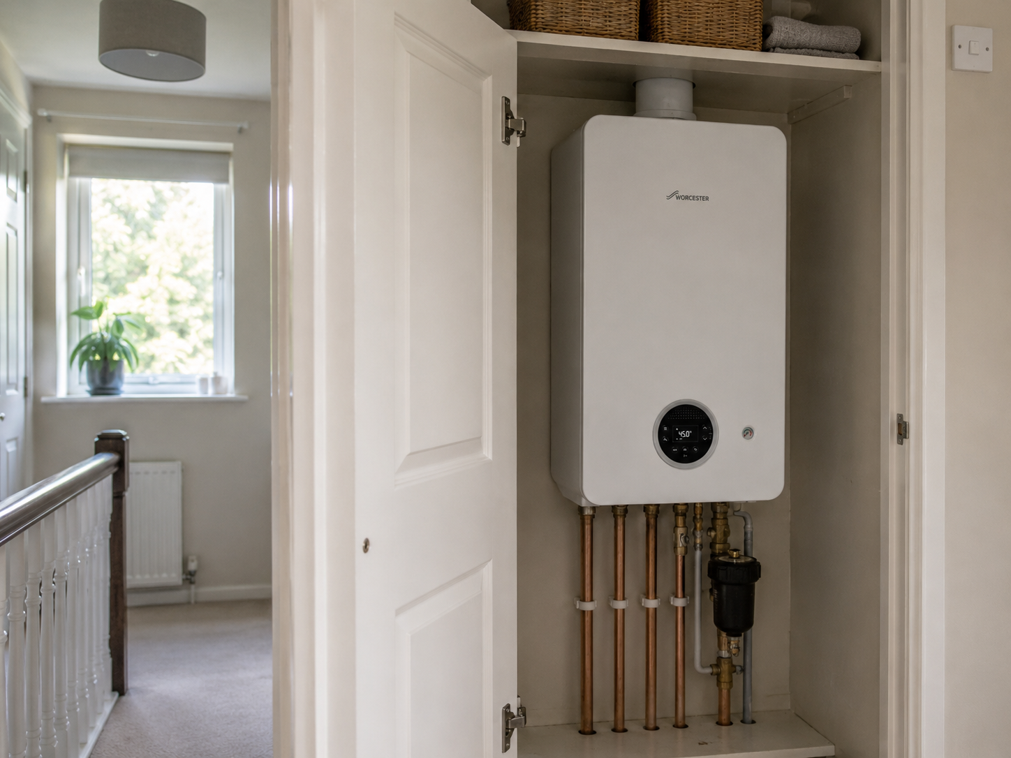 Worcester Greenstar 2000 combi boiler wall-mounted in a UK kitchen cupboard