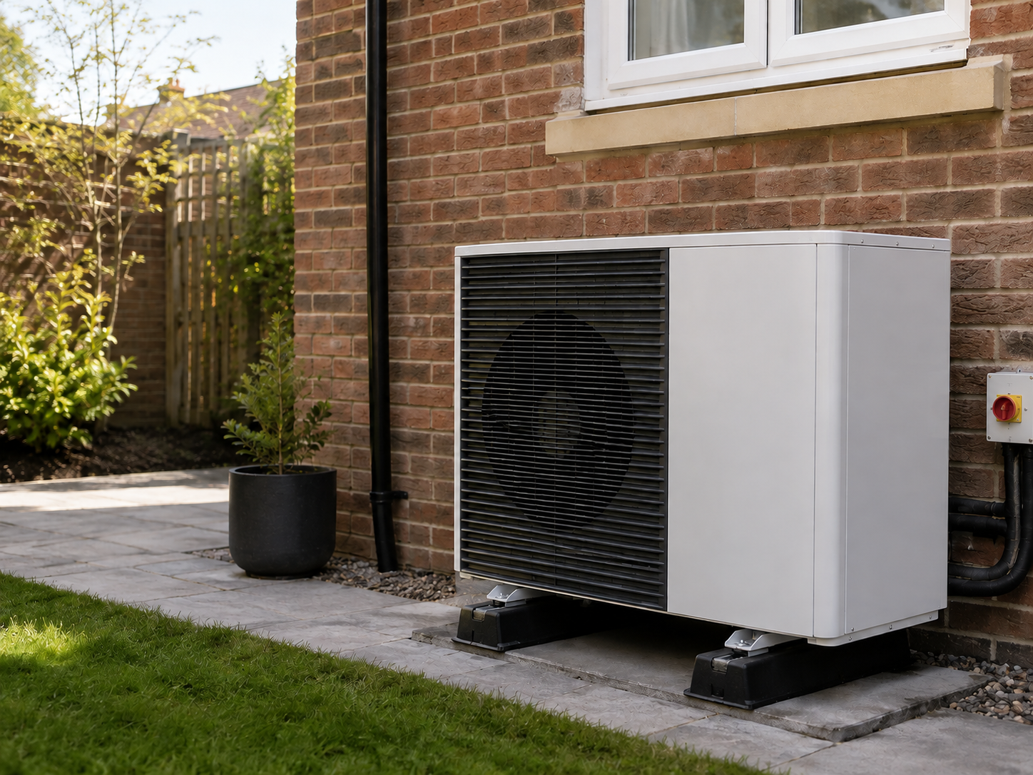 White and grey air source heat pump on a concrete plinth against a red-brick house wall, patio pot and garden fence behind