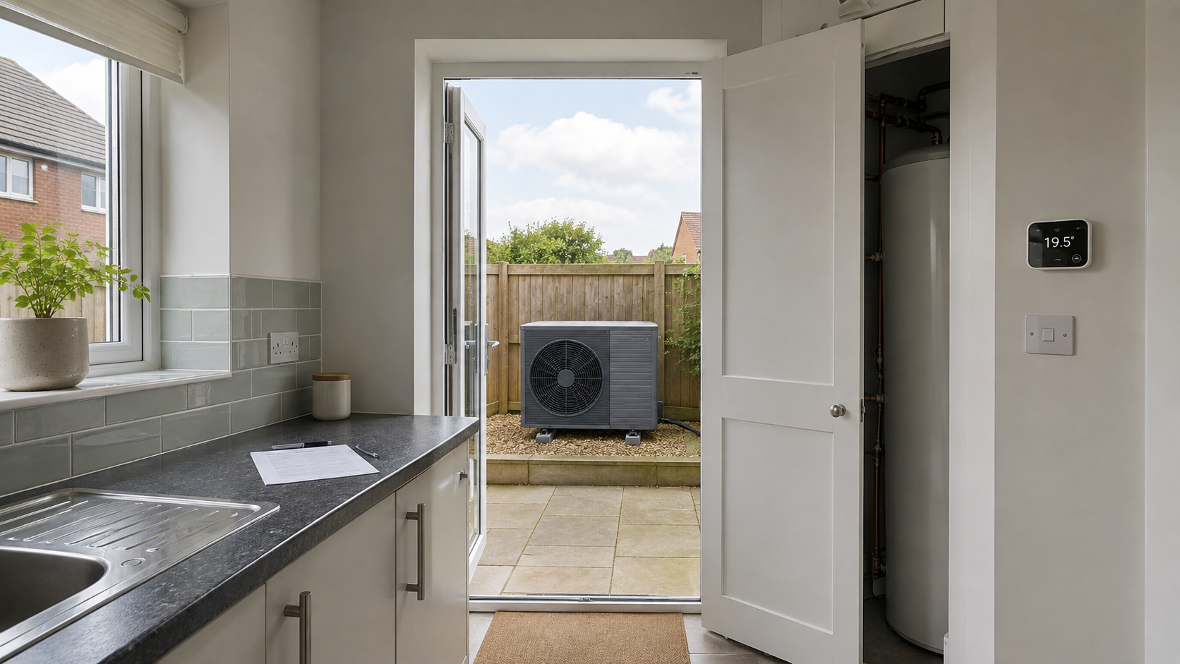 Tidy UK kitchen-utility looking out to an outdoor heat pump on the patio
