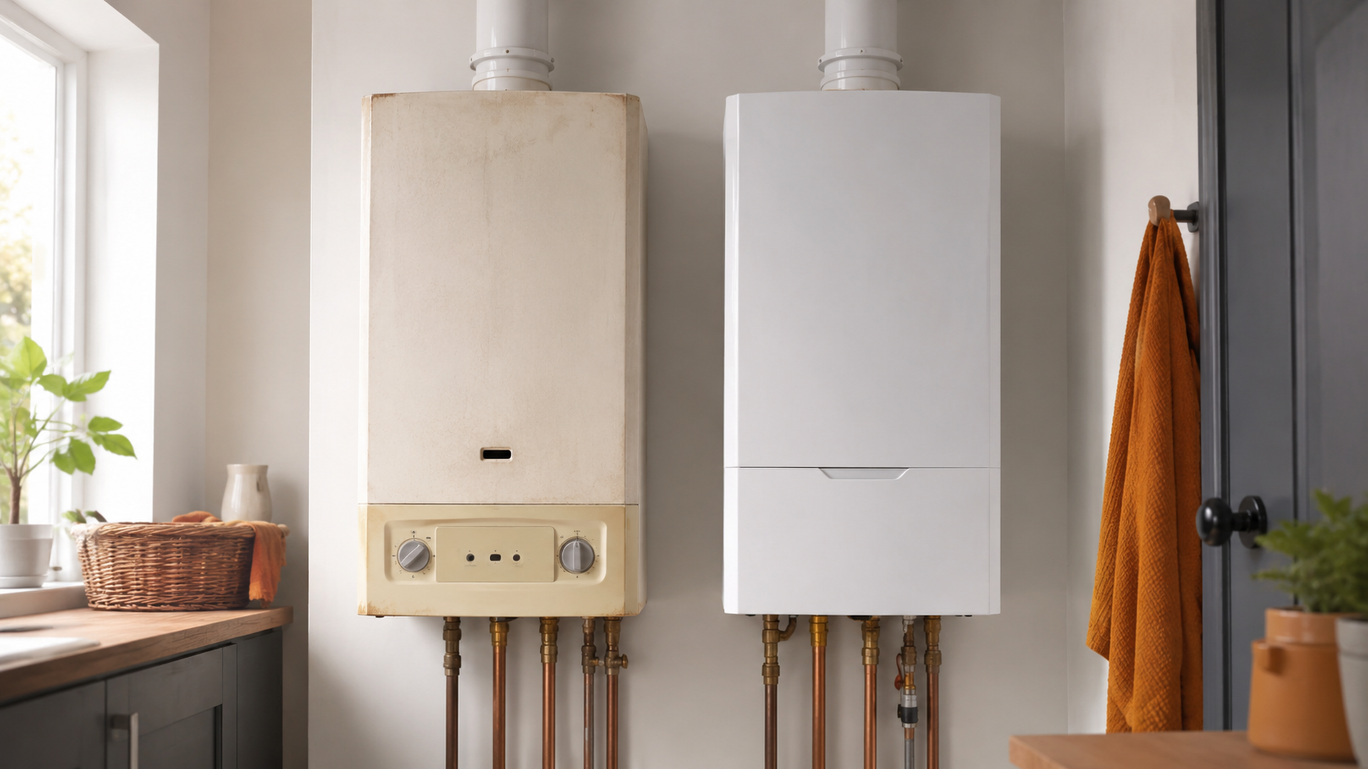 White wall-mounted combi boiler in a tidy UK utility kitchen, copper pipes and flue visible, wood worktop and a small orange towel