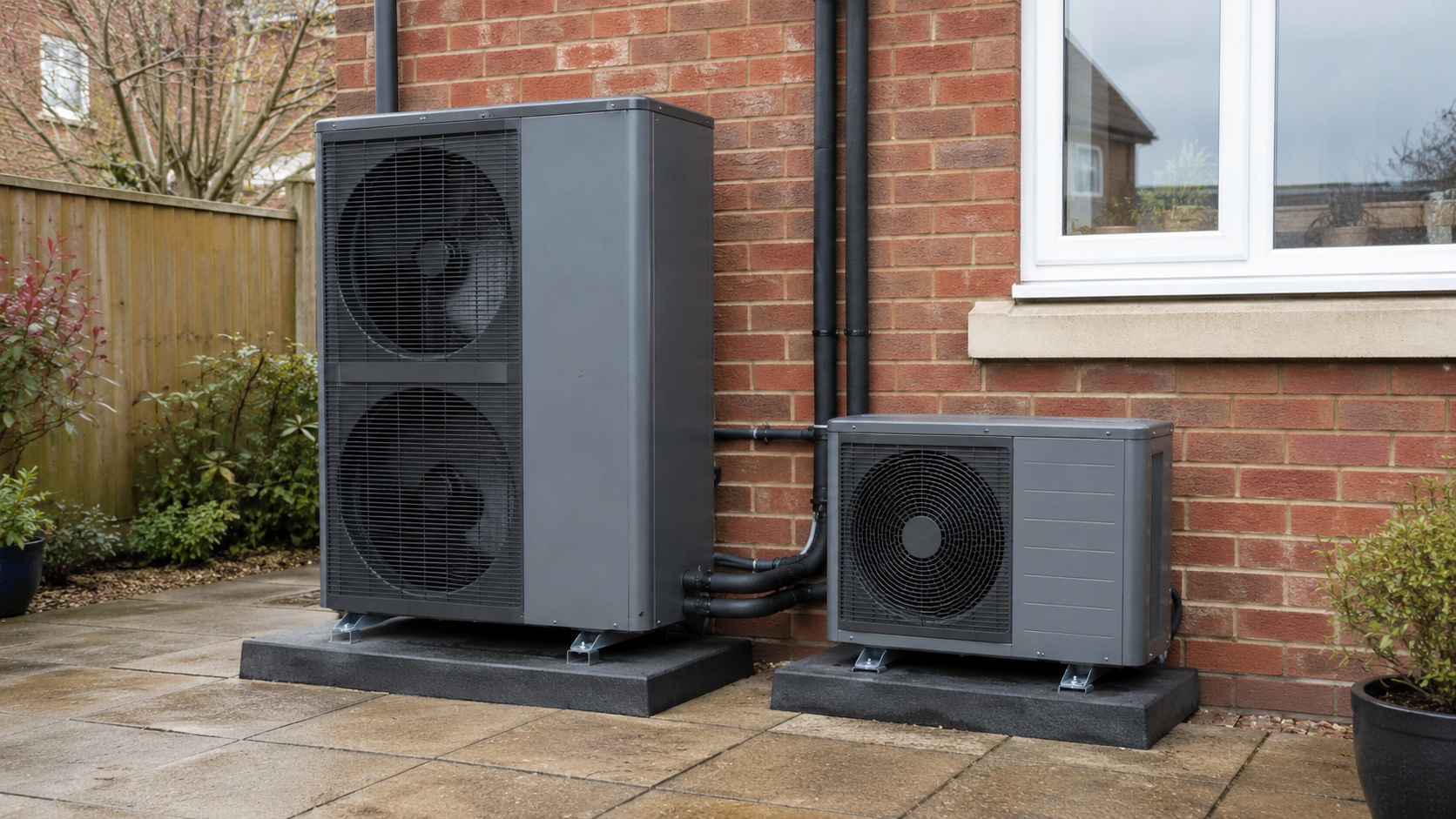 Two grey outdoor air source heat pumps on a paved patio against a red-brick UK house, with insulated pipes running up the wall