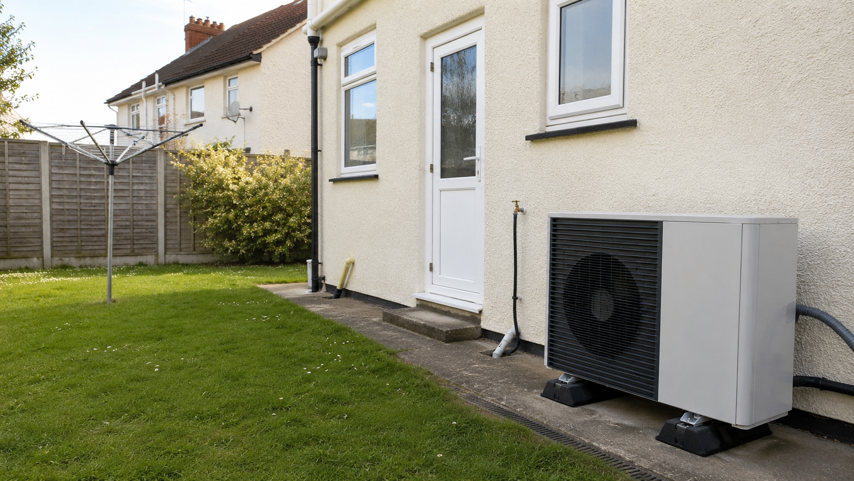 Outdoor air source heat pump on a concrete path beside a cream-rendered house, lawn and rotary dryer in a suburban back garden