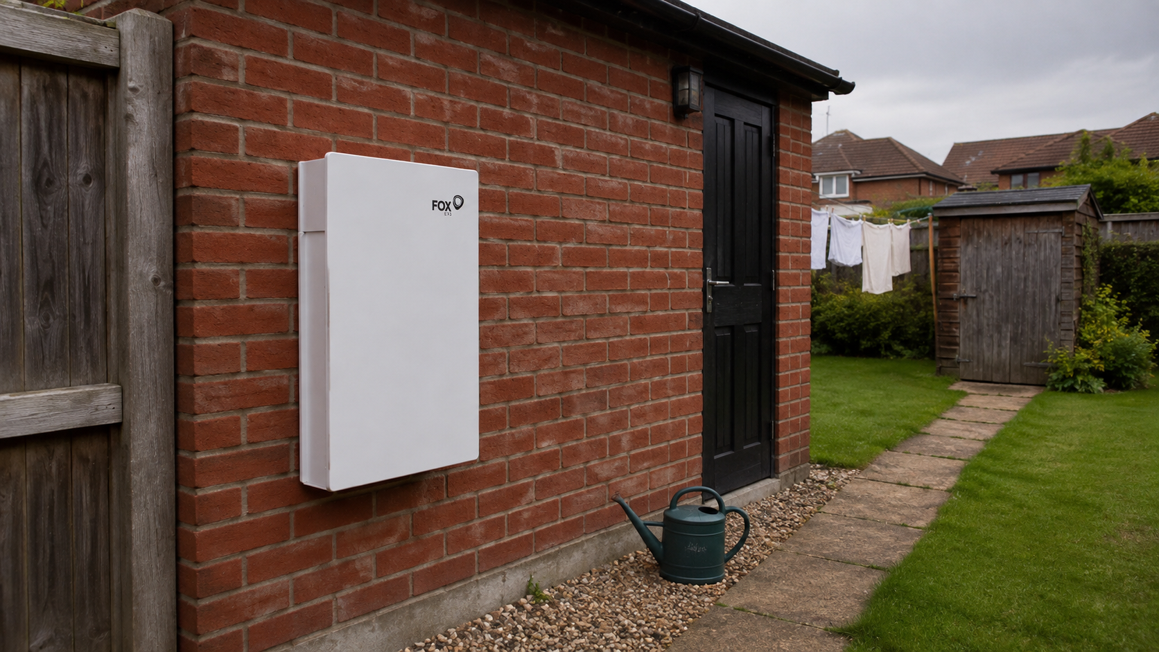 White wall-mounted battery on a red-brick UK backyard wall beside a garden door, watering can and washing line
