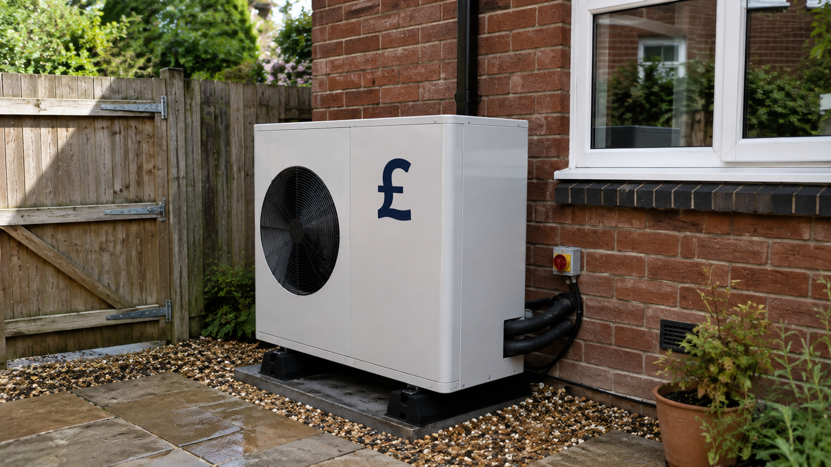 White outdoor heat pump on a concrete plinth against a red-brick UK house, with a pound-sign graphic on the unit