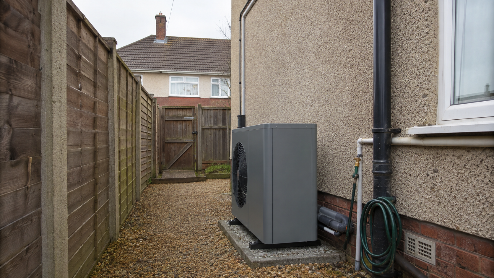 Grey outdoor heat pump cabinet on a gravel pad in the side passage of a pebbledash UK semi, wooden fence and coiled hose