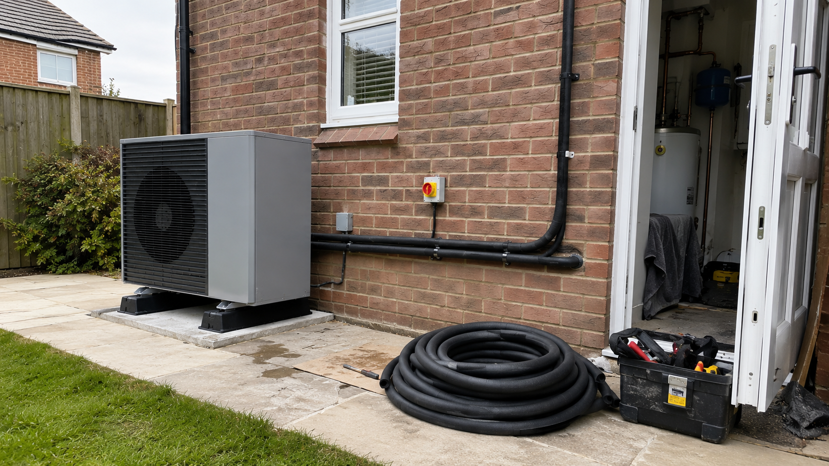Grey air source heat pump on a concrete plinth against a red-brick house, insulated pipes, open utility door showing a white cylinder, coil of pipe and toolbox on the patio