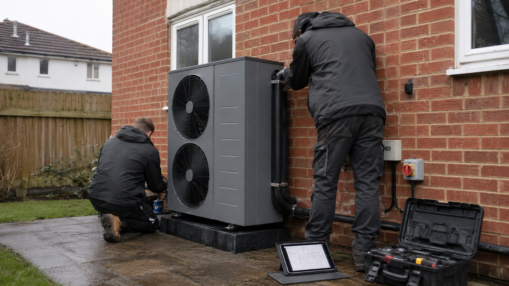 Two engineers in dark workwear fitting a grey outdoor air source heat pump against a red-brick UK house, toolbox and tablet on the patio
