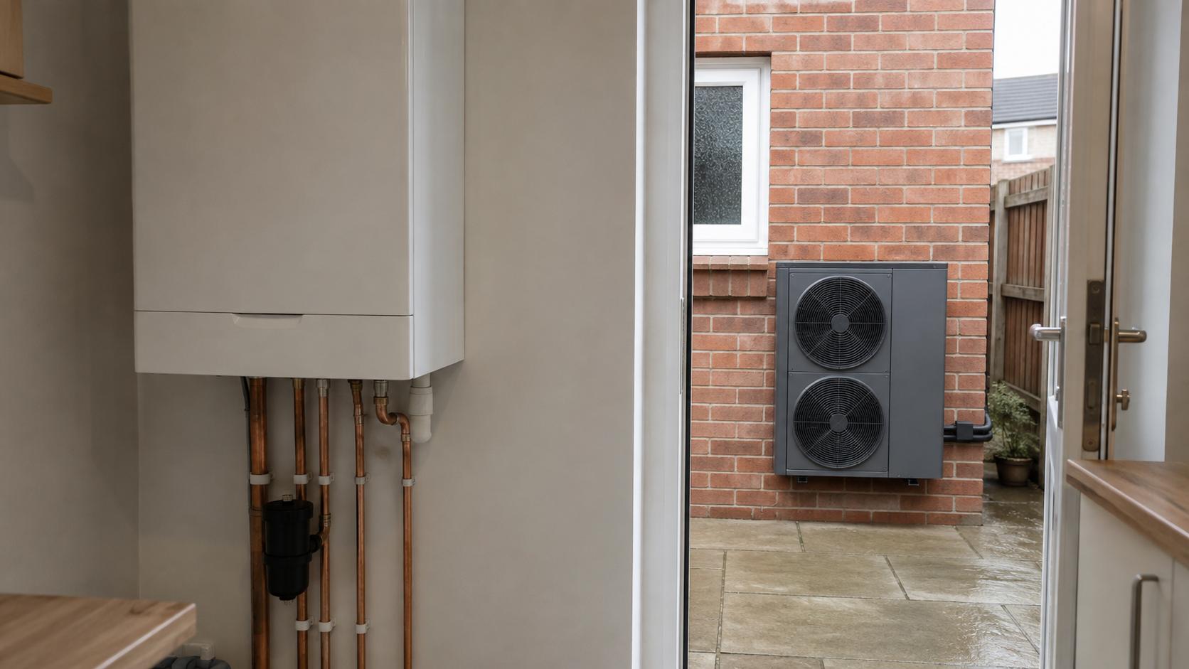 White wall-hung boiler with copper pipes in a utility room, and a grey outdoor air source heat pump on the patio through an open back door