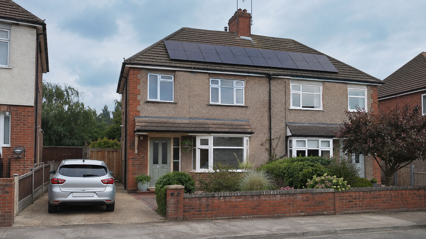 UK semi-detached house with black solar panels on the tiled roof, sage green front door, silver hatchback on the driveway