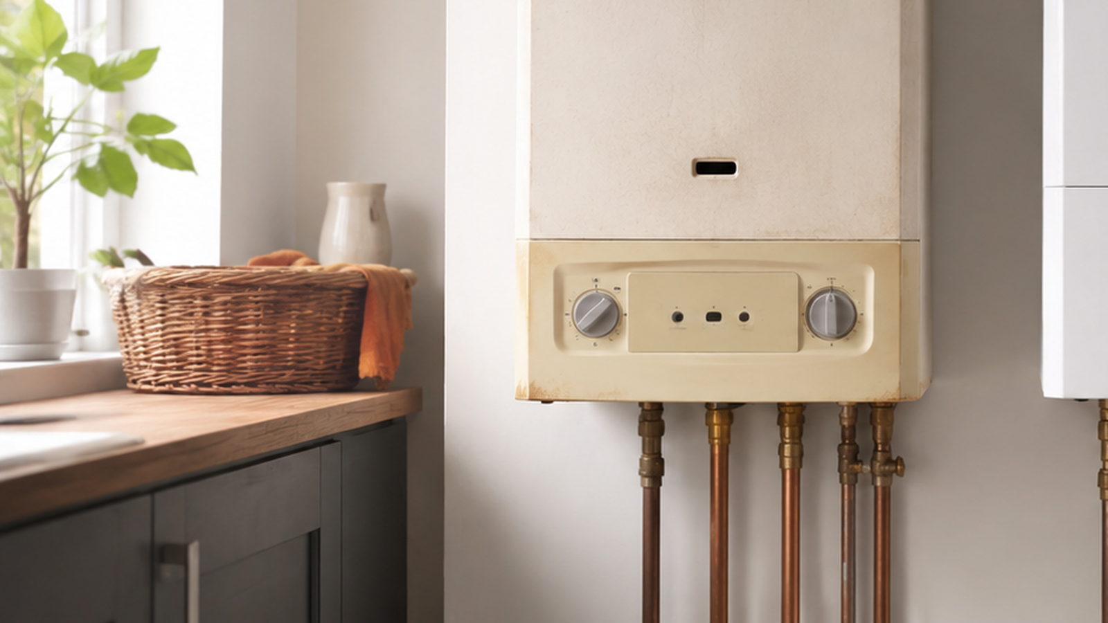 Wall-mounted boiler in a UK kitchen with a wood worktop, window daylight and an orange cloth in a basket