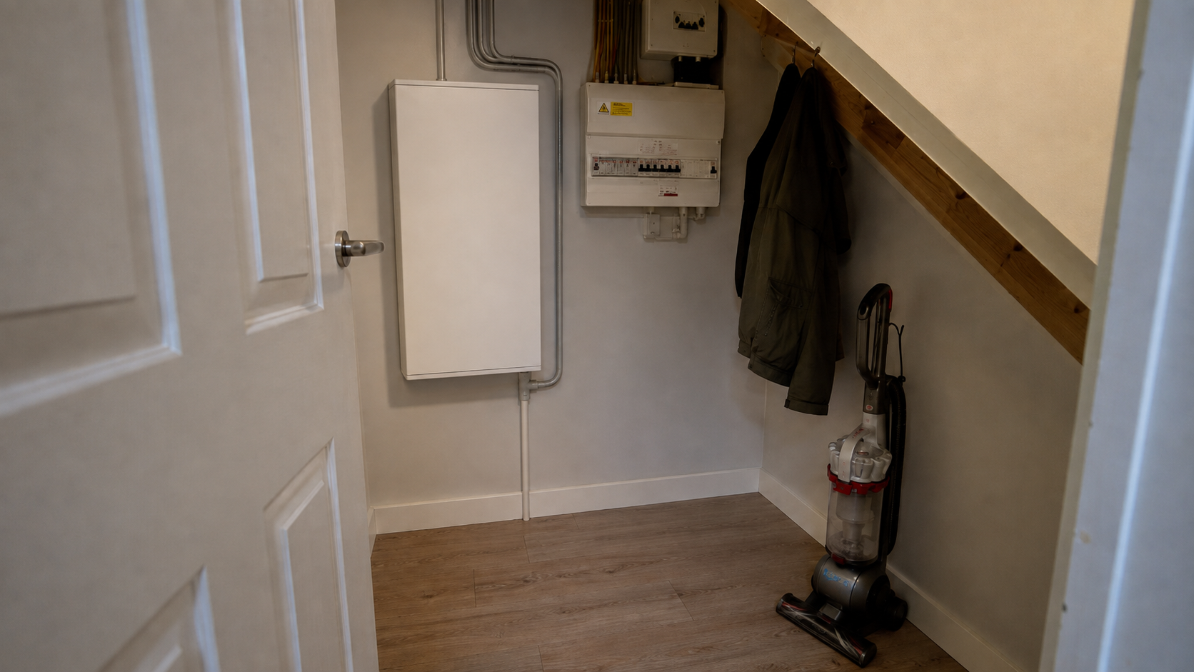 White wall-mounted battery cabinet in a small UK under-stairs cupboard beside a consumer unit and vacuum