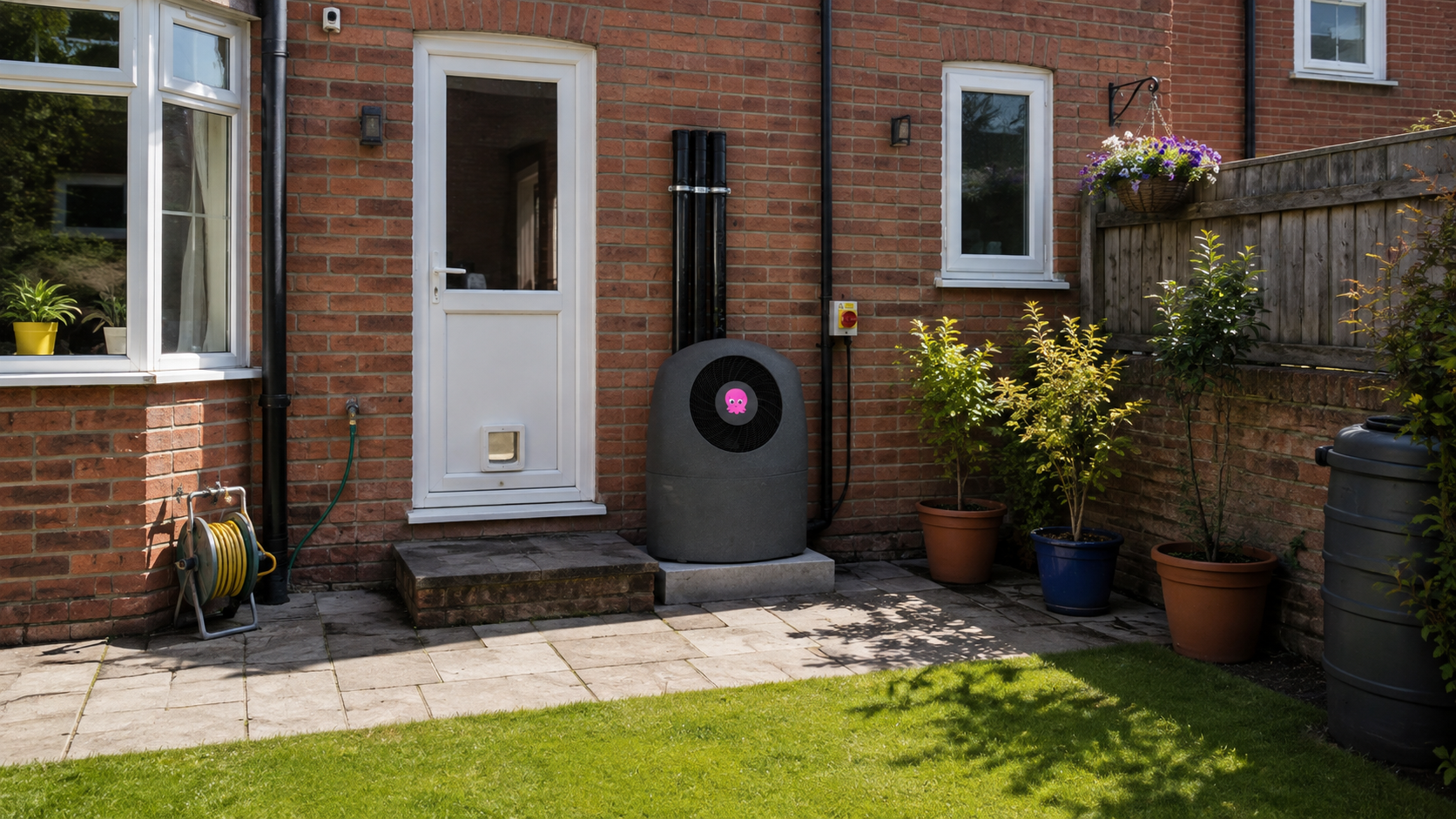 Grey outdoor heat pump on a patio plinth against red brick, garden hose and water butt